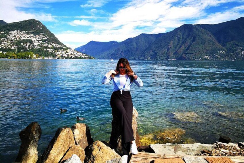Selfie with Lugano lake on the background 3