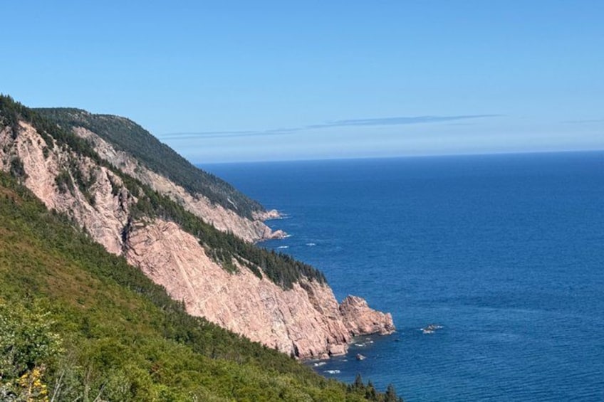 A coastal landscape with a steep cliff, dense greenery, and a calm sea. 2