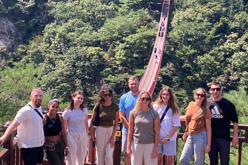 A group of people standing on a wooden platform overlooking a suspension bridge in a forested area. 2