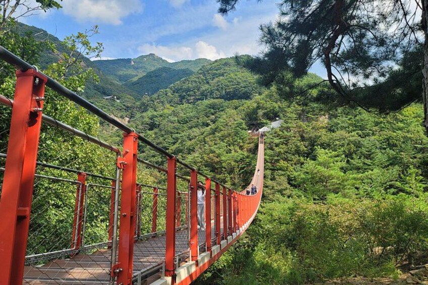 A red suspension bridge over a lush green valley with mountains in the background. 3