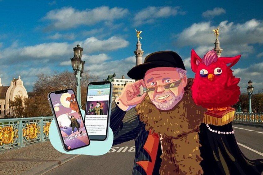 A person holding a smartphone and a red bird-like mascot. 1