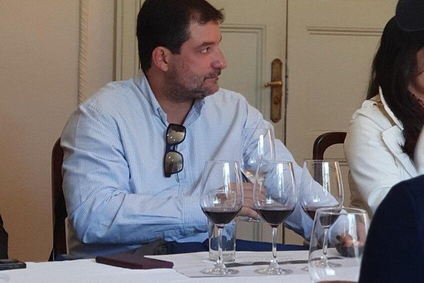 A person sitting at a table with wine glasses. 4