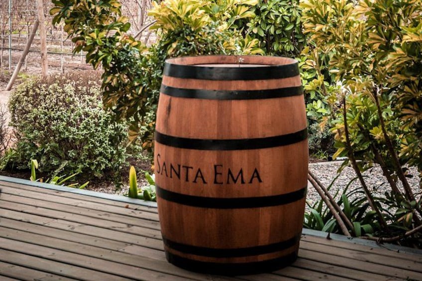 A wooden barrel with 'SANTA EMA' engraved on it, placed on a wooden deck with greenery in the background. 2