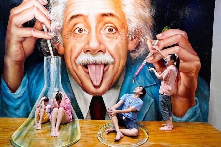 A painting with a large figure holding a test tube, a smaller figure with a magnifying glass, and a third figure with a flask. 5