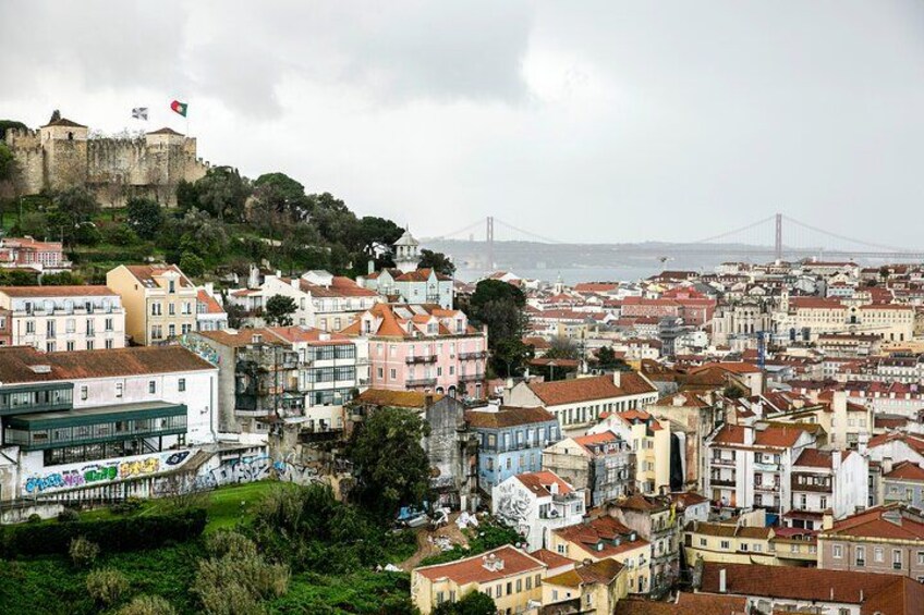 Un paysage urbain avec des bâtiments historiques, un pont remarquable et un château perché sur une colline. 4