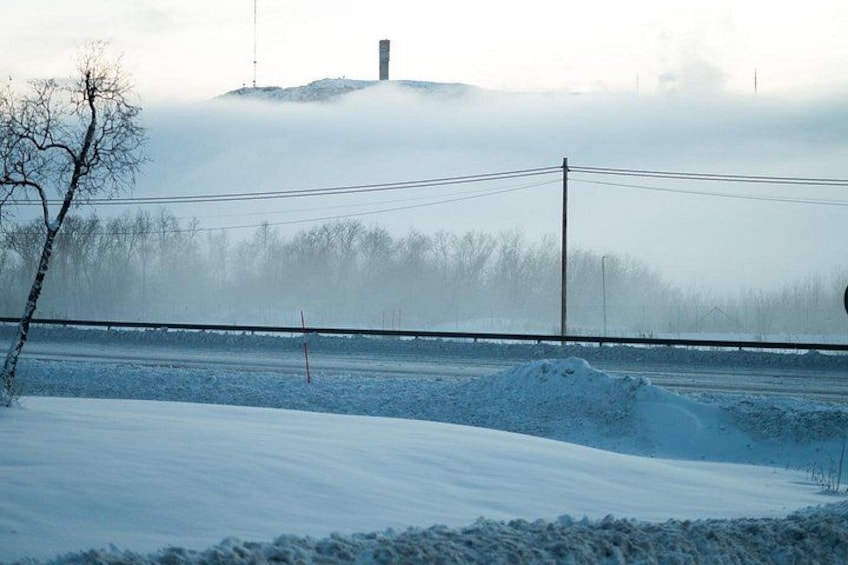 A snow-covered landscape with a hill, power lines, and a leafless tree. 4