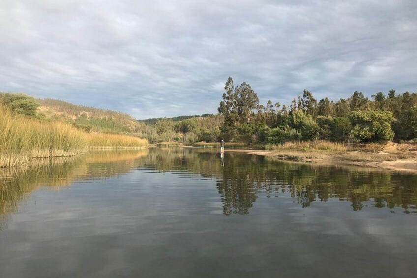 A calm lake with reflections of trees and sky, surrounded by grassy banks and a forested hill. 5