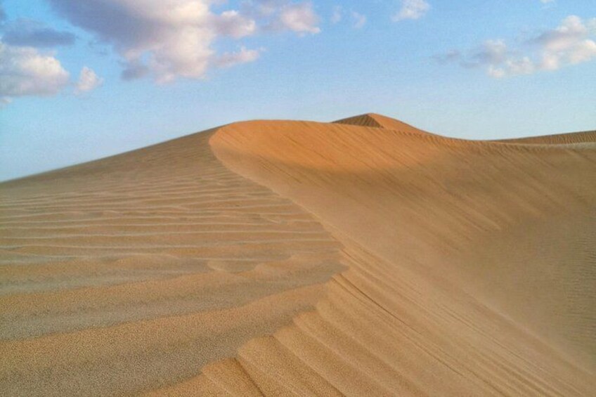 Et ørkenlandskab med sandklitter og en klar himmel. 4