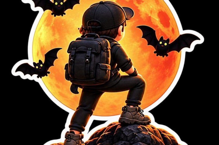 A child with a backpack standing on a rock with a full moon and bats in the background. 2