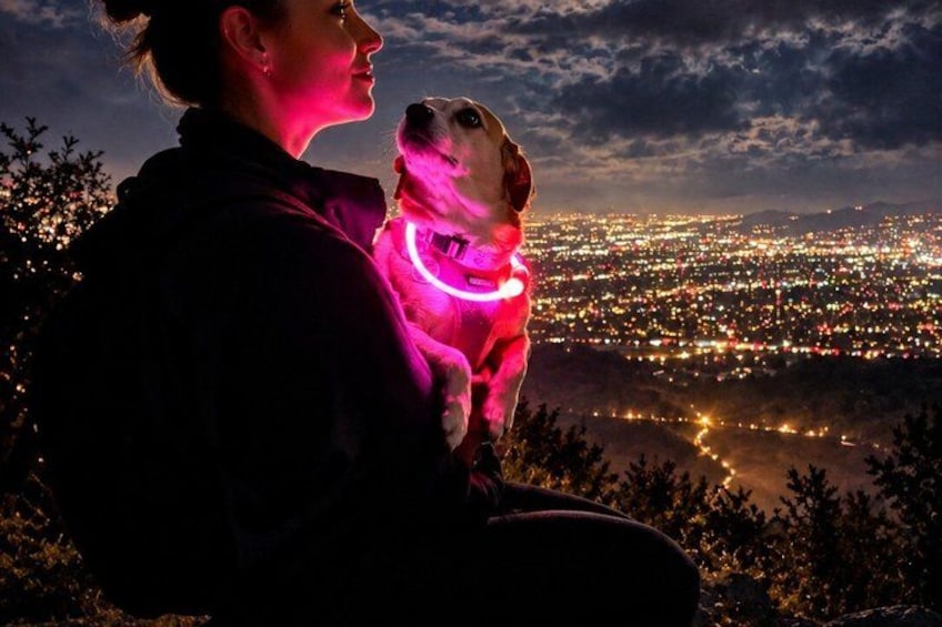 A person sitting on a hill overlooking a city at night. 3