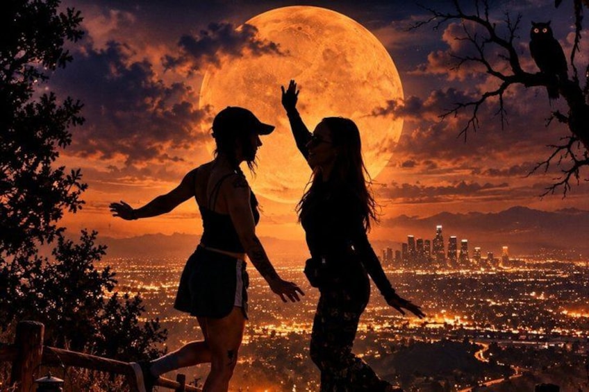 Two people dancing in front of a large moon with a cityscape in the background. 4