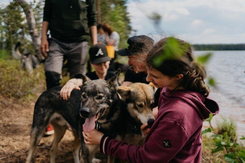A person holding two dogs near a body of water with people in the background. 5