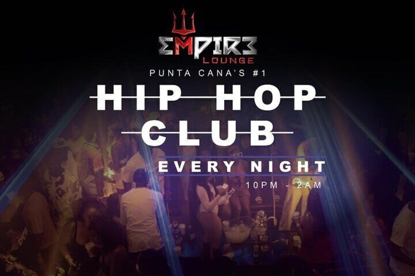 A crowded club with a sign for 'HIP HOP CLUB' and 'EVERY NIGHT' event details. 5