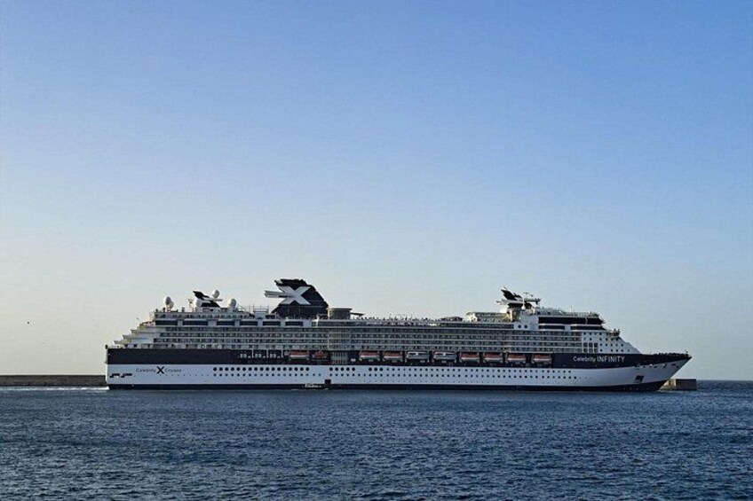 A large cruise ship named Celebrity Infinity in the ocean. 4