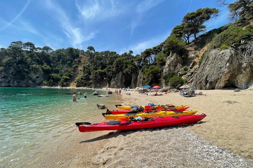 A beach with kayaks lined up, clear turquoise water, and rocky cliffs in the background. 4