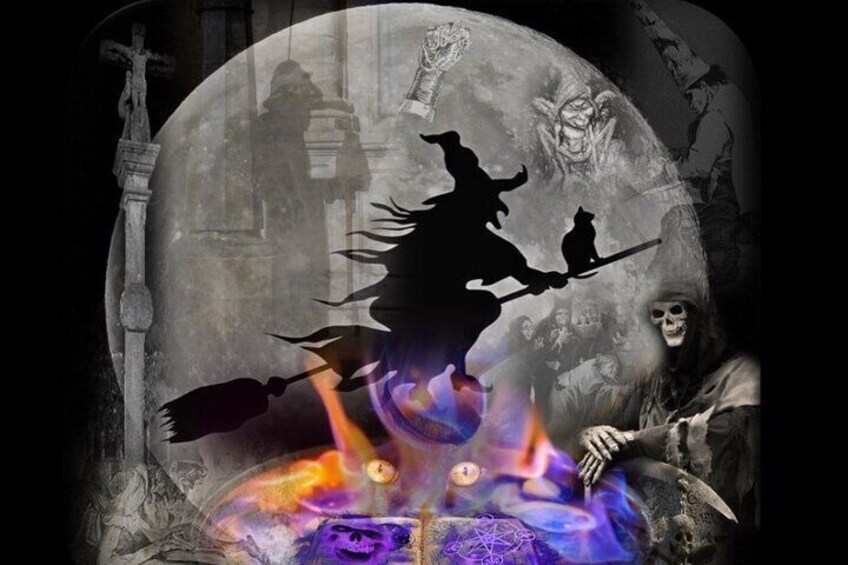 A witch riding a broomstick, a skull, and a full moon in the background. 2