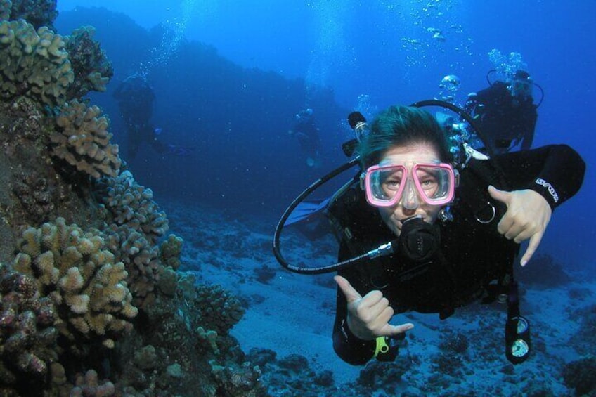 A diver underwater with coral formations and another diver in the background. 5