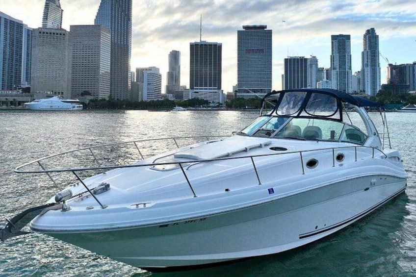 A white motorboat on water with a city skyline in the background. 3