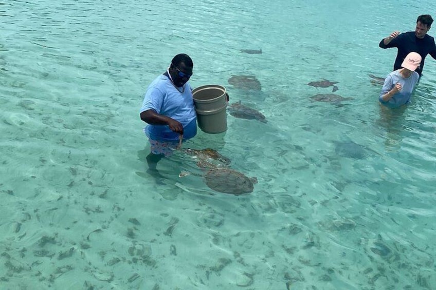 Two people wading in shallow clear water, one holding a bucket. 2