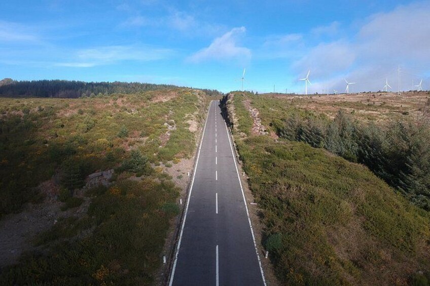 A straight road flanked by grassy terrain and wind turbines in the distance. 5
