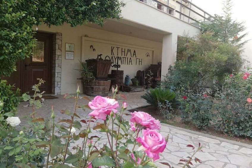 Un bâtiment sur lequel on peut lire l’inscription « KTHMA GAYMITIA TH », et un jardin où des rosiers roses sont plantés au premier plan. 2