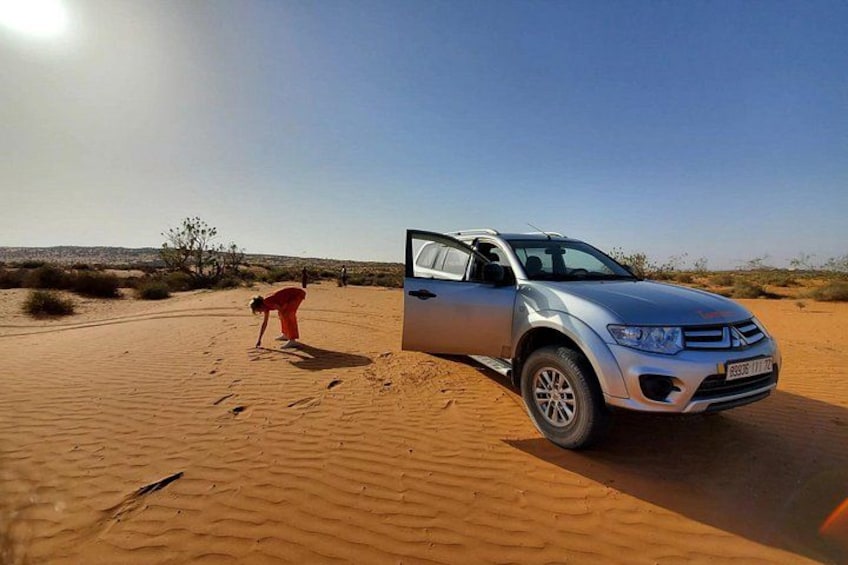 A silver SUV parked in a desert with a person in red bending over. 2