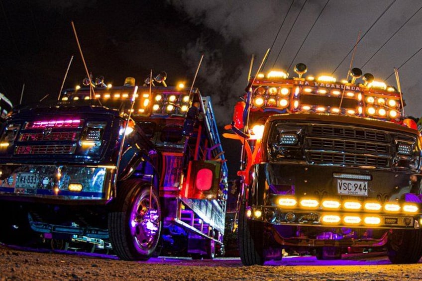 Deux camions, décorés et illuminés de lumières vives, sont garés sur un chemin de terre, la nuit. 3