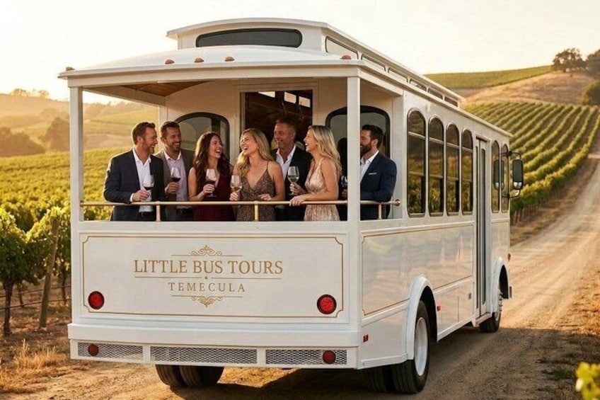 A white tour bus labeled 'Little Bus Tours Temecula' on a dirt road with vineyards in the background. 1