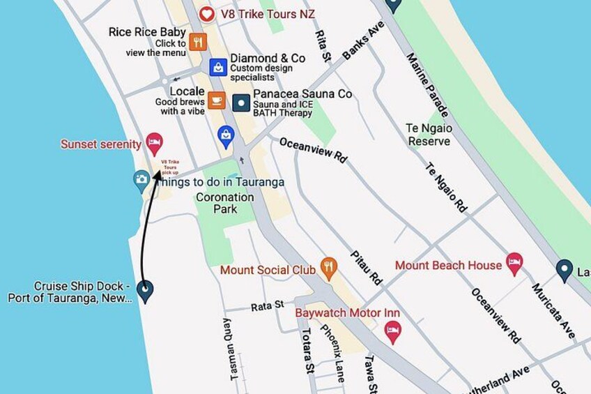 A map of Tauranga with landmarks like Mount Social Club, Baywatch Motor Inn, and a cruise ship dock. 4