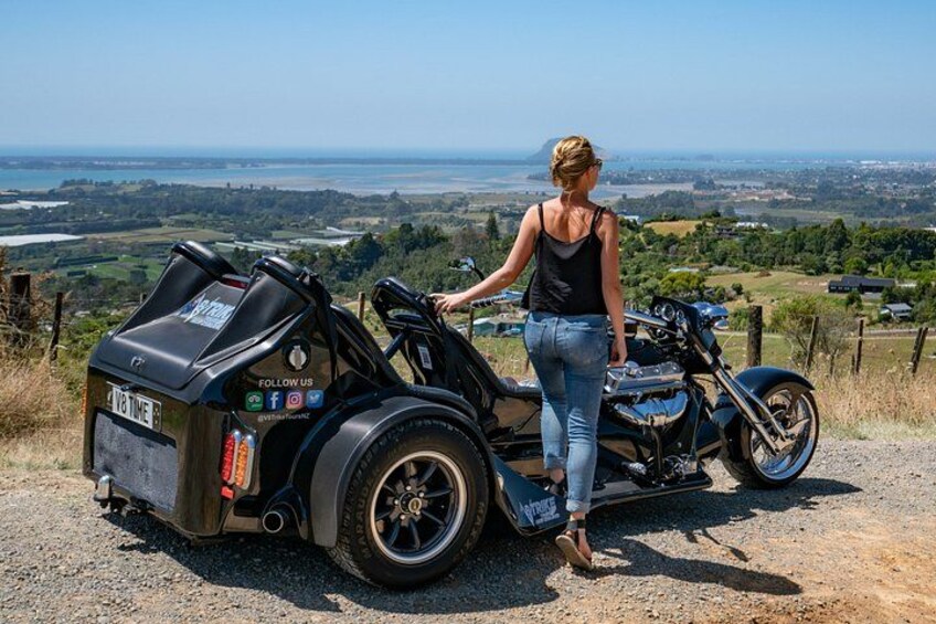 A woman standing next to a motorcycle with a sidecar on a gravel path overlooking a scenic landscape. 3