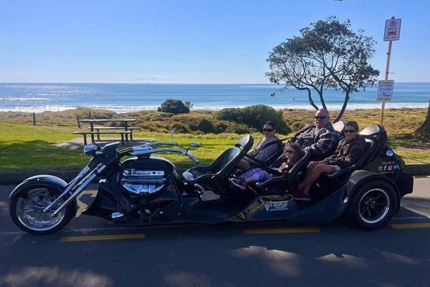 A motorcycle with a sidecar carrying three passengers, parked on a road with a view of the ocean and a picnic table in the background. 2