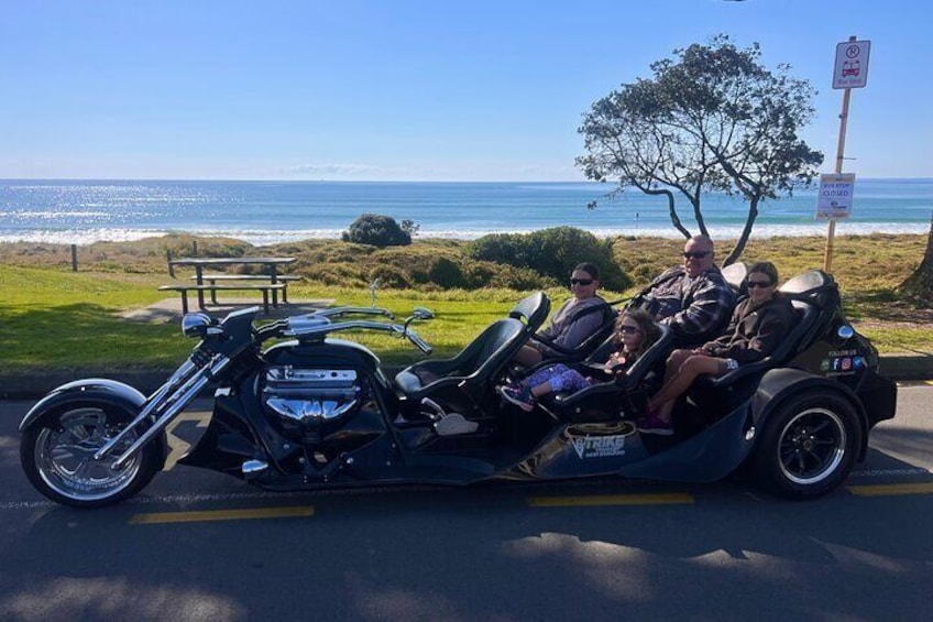 A motorcycle with a sidecar carrying three people, parked on a road with a view of the ocean and a picnic table in the background. 2
