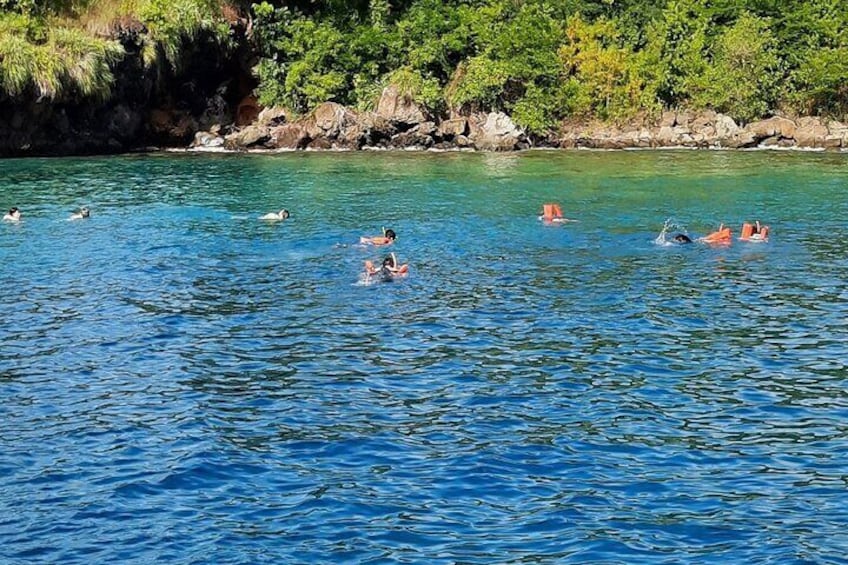 Personas nadando en un lago azul y transparente rodeado de follaje. 5