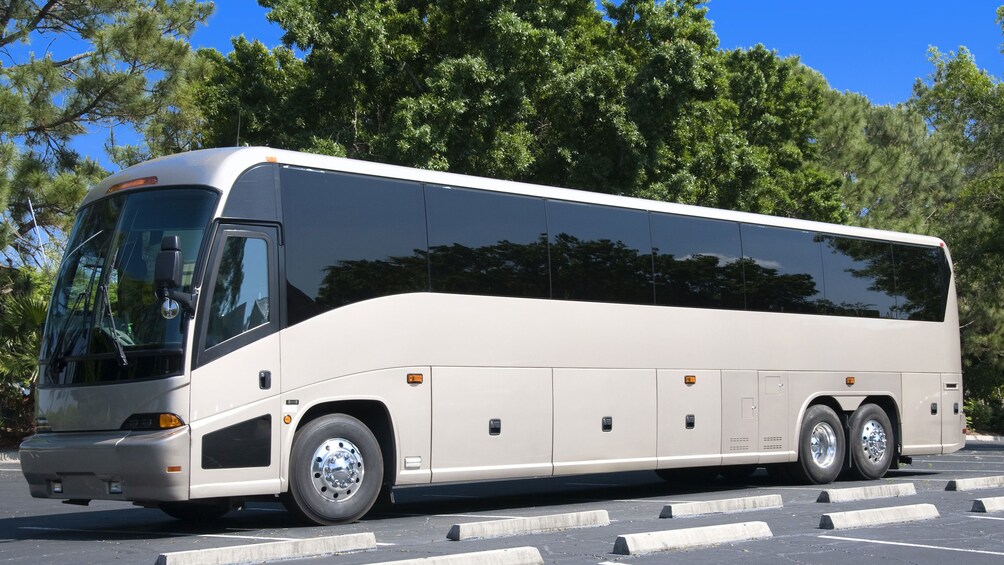 A large, modern tour bus parked in a lot with trees in the background. 3
