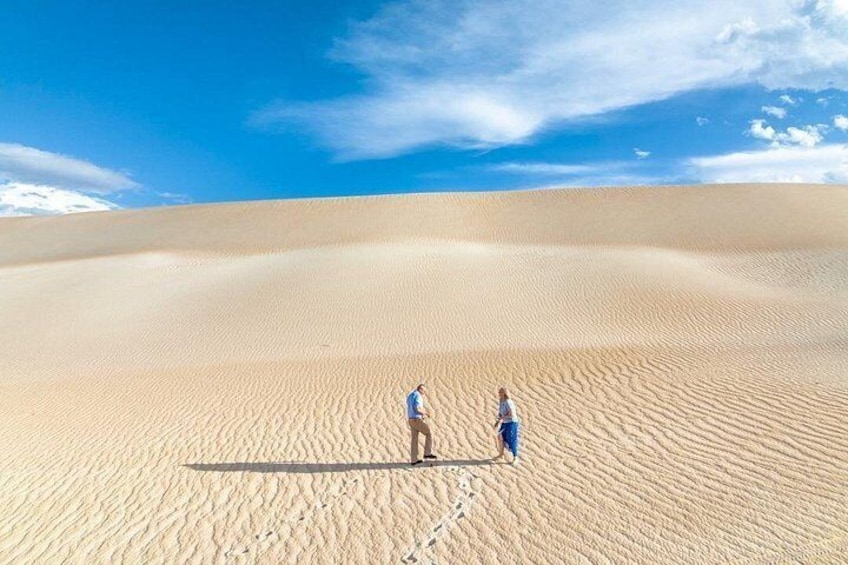 Two people standing in a desert with sand dunes and a clear sky. 4