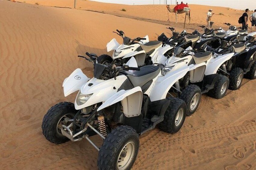 A row of off-road vehicles parked on a sandy terrain with a camel and riders in the background. 2