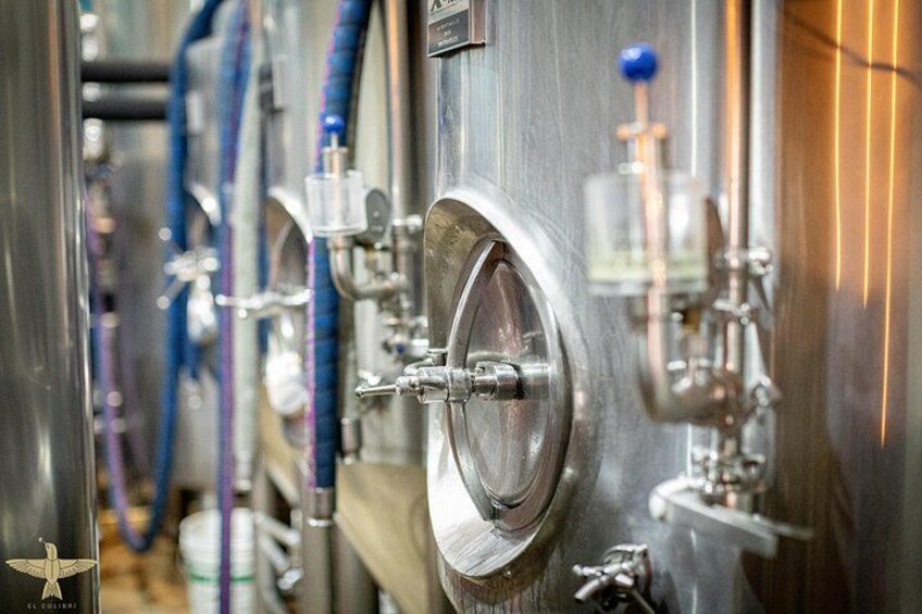 Stainless steel brewing equipment with hoses and valves. 4