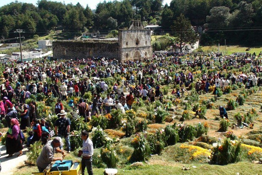 Un extenso cementerio al aire libre con numerosas lápidas y visitantes. 4
