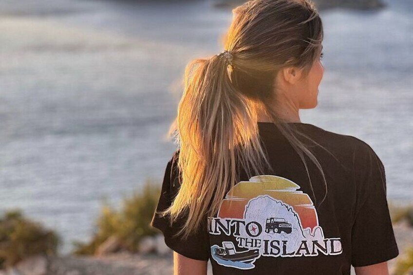 A person wearing a t-shirt with a graphic and text that reads "INTO THE ISLAND". 2