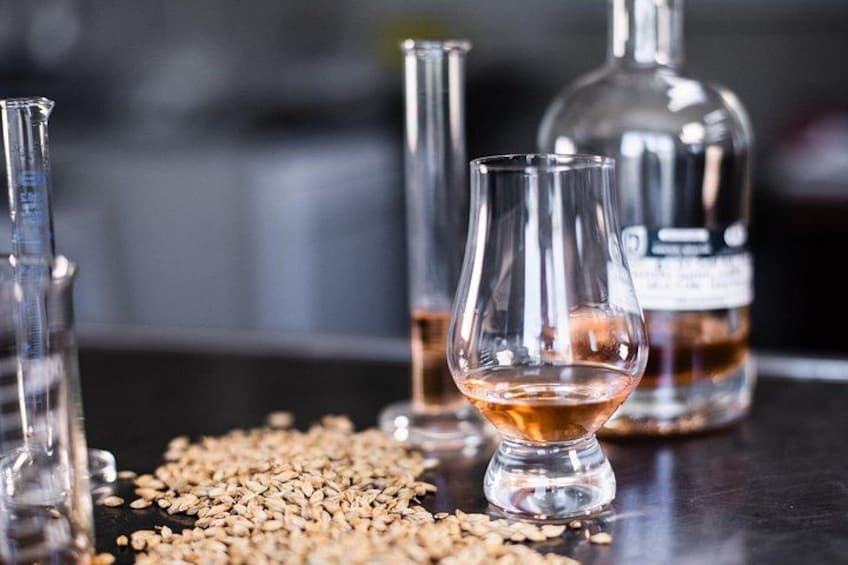 Una botella de whisky, dos vasos para chupito y un puñado de granos sobre una superficie oscura. 4