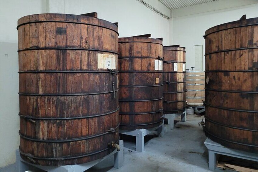 Large wooden barrels arranged in rows in a warehouse. 5