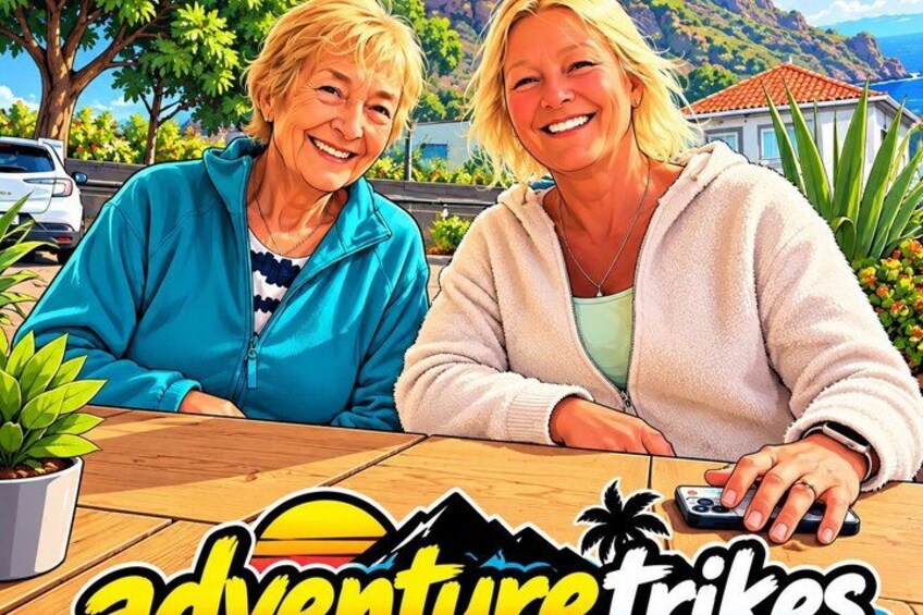 Twee personen zitten aan een tafel, met een logo waarop 'adventure trips' staat. 3