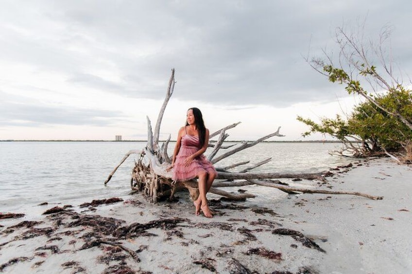 A person sitting on driftwood by a beach with seaweed scattered around. 3