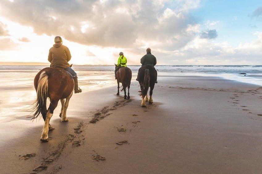 Tres personas cabalgando caballos en una playa, con huellas que se dirigen hacia el océano. 1