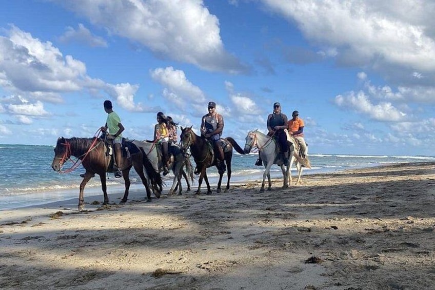 Un grupo de personas montando a caballo en una playa. 5