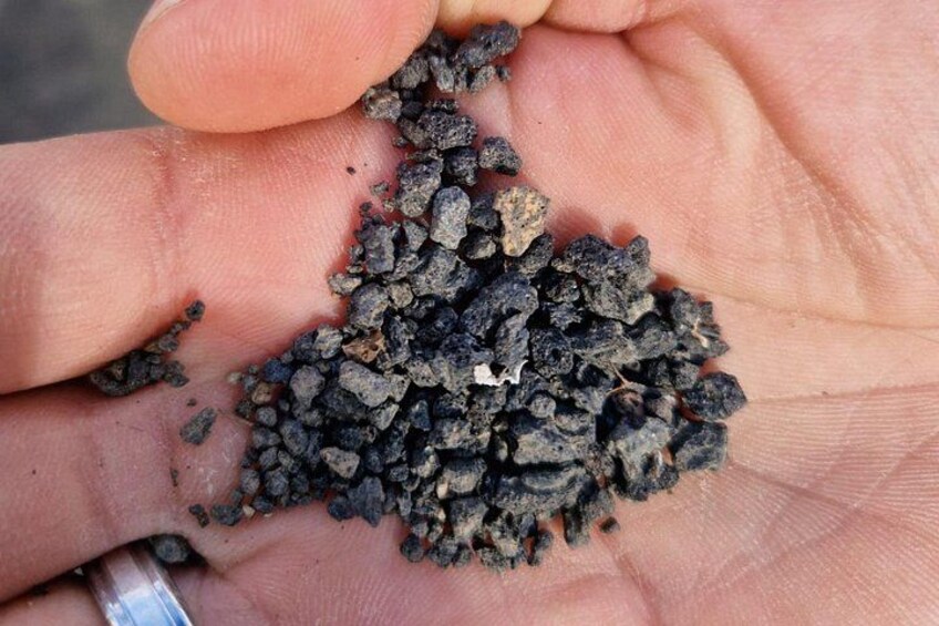 A hand holding a pile of small, dark-colored rocks. 5
