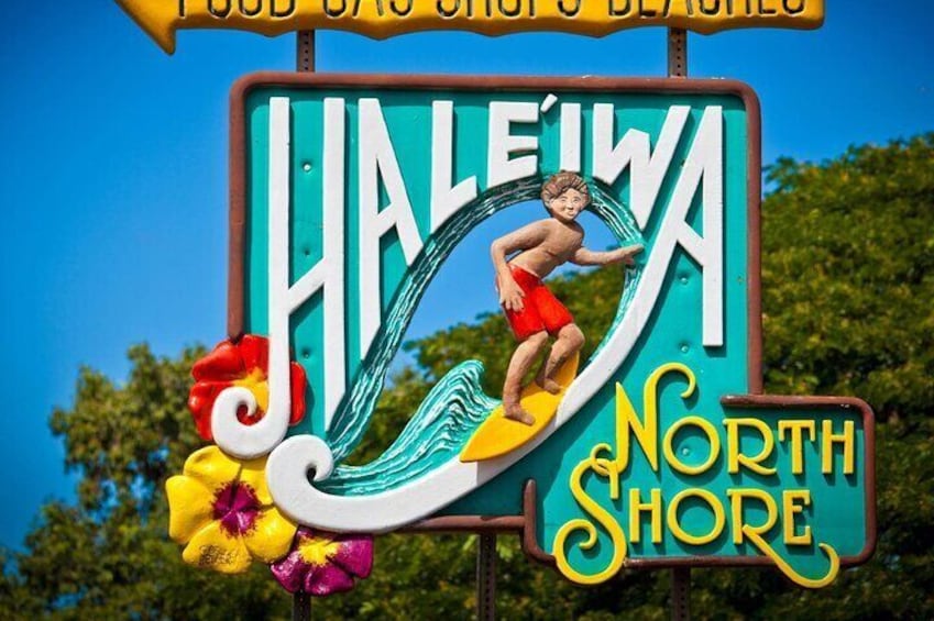 A colorful sign with a surfer and flowers, reading "Haleiwa North Shore". 5