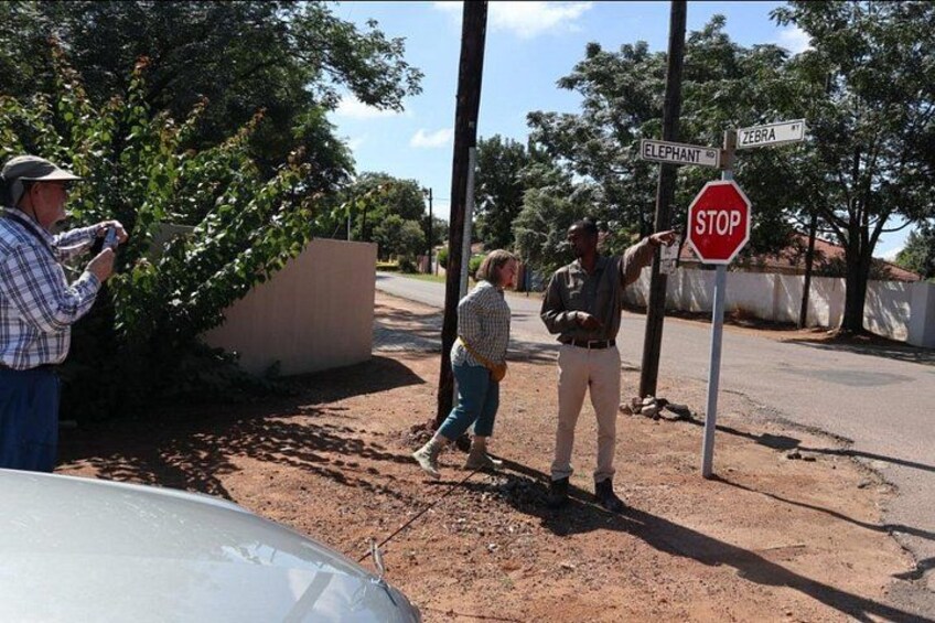 A stop sign, a person pointing at it, and a street sign with 'ELEPHANT' and 'ZEBRA' written on it. 1