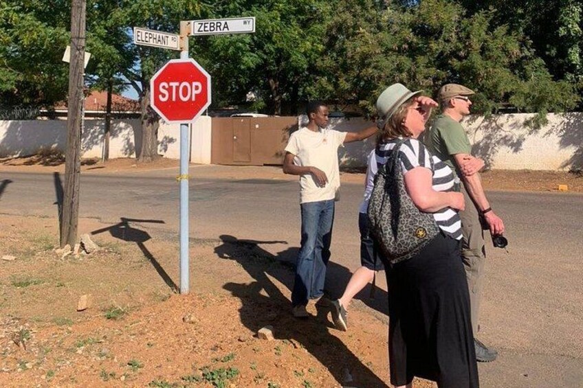 A stop sign, street signs, and pedestrians walking on a road. 5