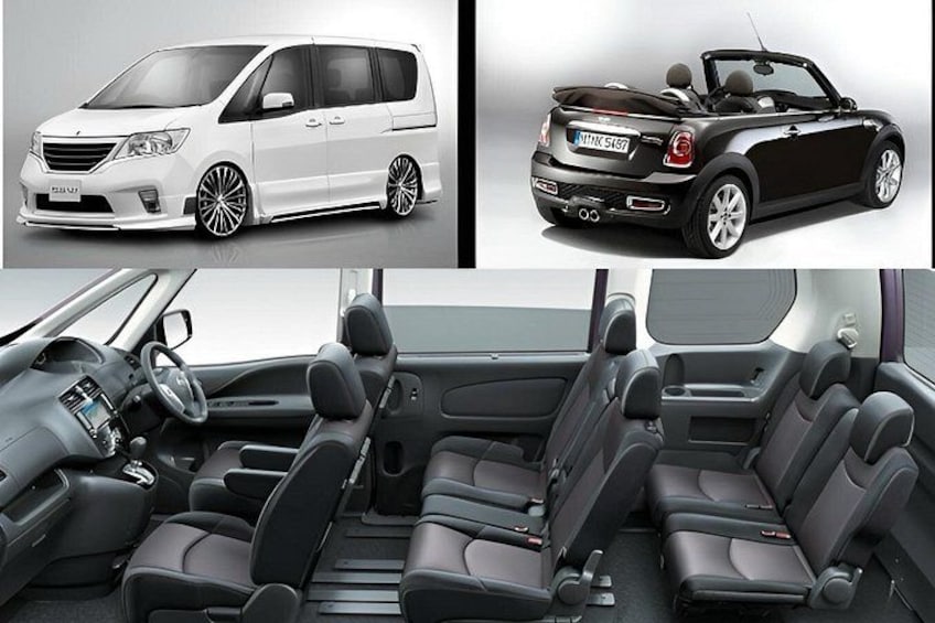 A white minivan and a black convertible. 2